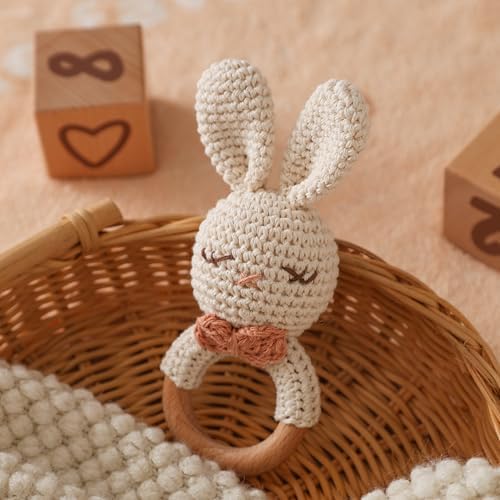 Natural Hand-Knit Wooden Baby Rattle - Soft Animal Shaped Sensory Toy for Newborns, Infants | Safe Beechwood & Crochet Texture | Perfect Baby Shower Gift - Image 2