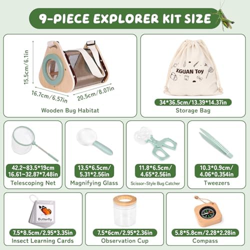 Bug Catcher for Kids, Wooden Bug Catching Outdoor Toys for Ages 4-8, STEM Explorer Activities with Butterfly Net Magnifying Glass Tweezers Insect Habitat Observation Cup Storage Bag Learning Cards - Image 6