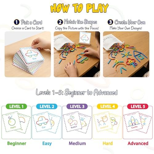 182pcs Wooden Montessori Smart Sticks and Rings Puzzle Game for Kids, Wooden Pattern Blocks Learning Set with 50+ Double-Sided Cards, A-Z Alphabet Cards, Fine Motor STEM Toy for Ages 3+ - Image 4