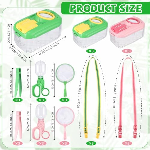 Halloscume 6 Sets Bug Catcher for Kids Students Insect Catching Kit Collector Bug Box with House, Butterfly Net, Tweezer, Cage Habitats Container Collection Explorer Gift (Pink,Green) - Image 2