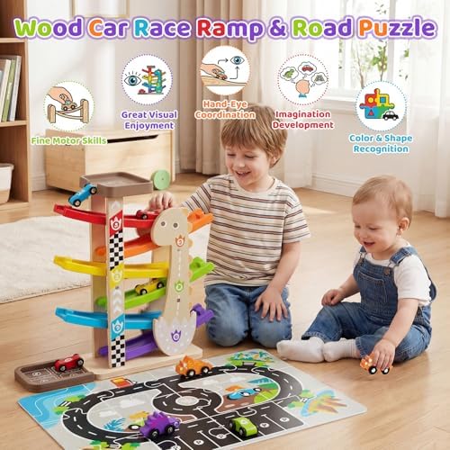 6-Level Wooden Car Ramp Toy with Road Puzzle and 6 Cars, Ages 18M+ - Image 7