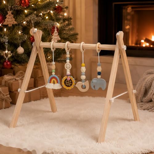 Wooden Baby Gym with 4 Handmade Hanging Toys, Natural Solid Wood Non-Toxic Play Gym for Tummy Time, Foldable Baby Activity Center for 0-12 Months, Baby Shower Gift - Image 3