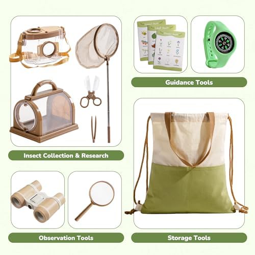 ROBOTIME Explorer Kit & Bug Catcher Kit for Kids, 12PCS Bug Catching Kit, Outdoor Bug Collection with Kids Binoculars, Butterfly Net, Insect Box, Magnifying Glass and Compass Watch for Toddlers 3-12 - Image 3