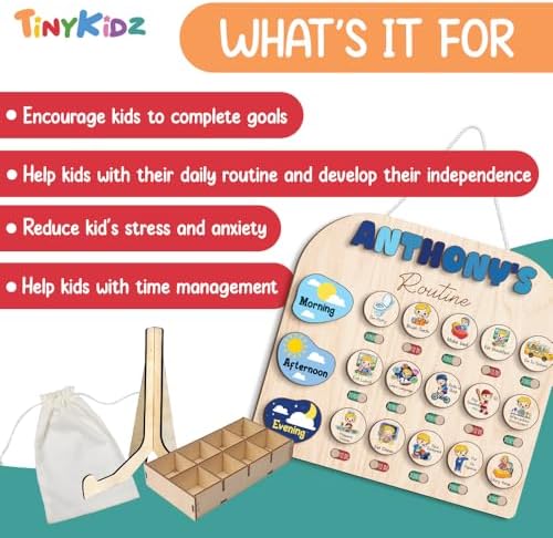 TinyKidz Daily Routine for Toddlers 13x14", Kids Checklist Board, Daily Responsibility Chart for Boys Girls, Wooden Routine Chart for Kids - Image 3