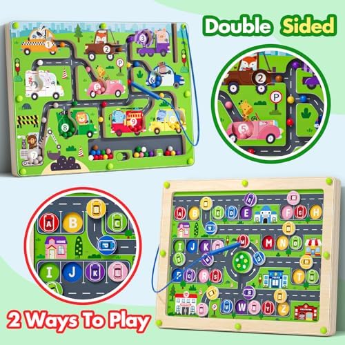 Magnetic Maze 2 in 1 Double Side Color and Number Maze Alphabet Puzzle Board for 3-5 Boys and Girls Kids Montessori Educational Toys (Car, One Size) - Image 3