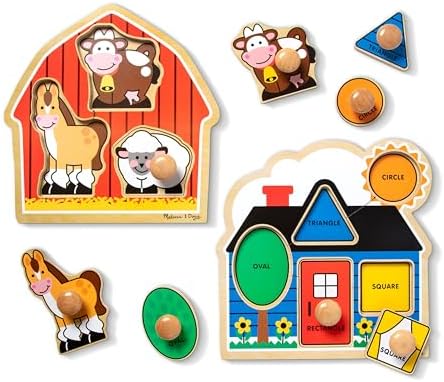 Melissa & Doug Jumbo Knob Wooden Puzzles Set - Shapes and Barn - Image 4
