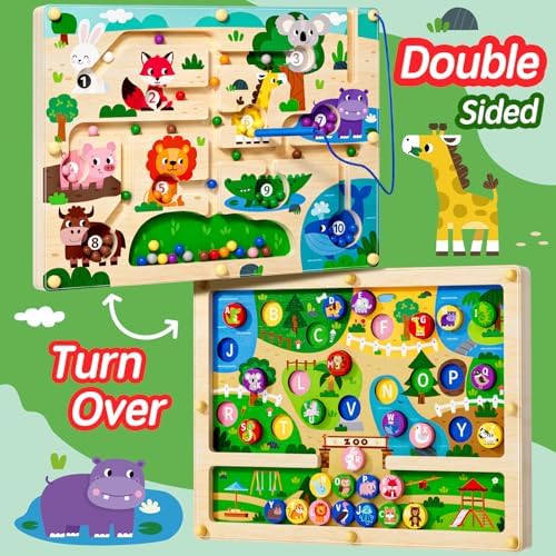 Magnetic Maze 2 in 1 Double Side Color and Number Maze Alphabet Puzzle Board for 3-5 Boys and Girls Kids Montessori Educational Toys (Zoo, One Size) - Image 2