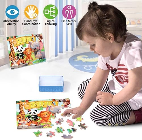 LELEMON Puzzles for Kids Ages 4-6,Zoo 60 Piece Puzzles for Kids Ages 6-8 in a Metal Box,Children Jigsaw Puzzles Kids Puzzles,Educational Learning Puzzle Toys for Girls and Boys - Image 3