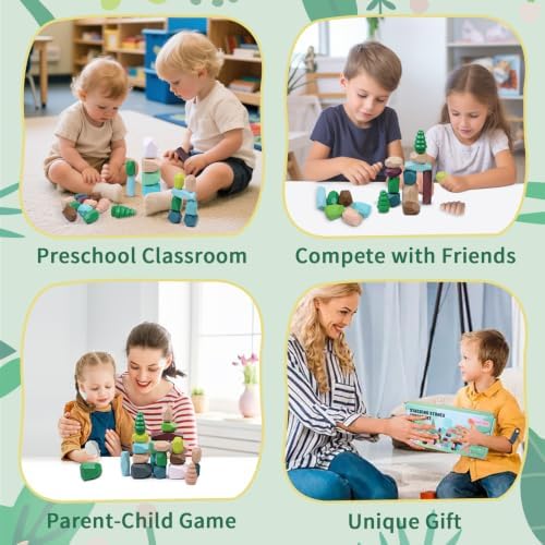 YHHYTOY 40Pcs Montessori Wooden Stacking Rocks Building Blocks Forest Theme - Image 5