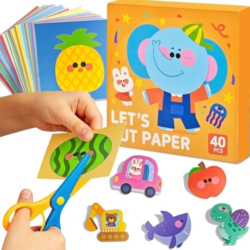 Safety Scissors for Kids Ages 2-4 with 40 Colored Cardstock Paper Templates, Safety Scissors for Kids Ages 2-4, Toddler Scissor Skills Activity Book, Toddler Scissor Skills, Colored Cardstock Paper by NightingaleVilla