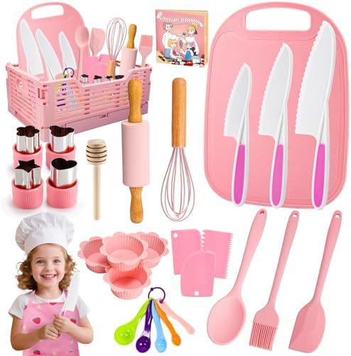 Kids Baking Cooking Set Real & Toddler Kid Apron, Kids Knife Set for Real Cooking & Basket,Food-Grade Material,Montessori Toddler Kitchen Tools, Christmas Birthday Gift for 3-10 Year Old Girls Boys by Unknown