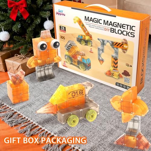 74PCS Engineering Series Magnetic Tiles, Magnetic Construction Blocks - Build Excavator, Crane & Dump Truck, STEM Toys Gift Box for Ages 3-7 Boys Girls - Image 5