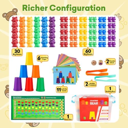 NEOROD Counting Bears - 90 Pcs Color Sorting Toys for Toddlers 1-3 & Preschool Learning Toys with Stacking Cups,Math Manipulatives with 2 Tweezers, 2 Dices, 12 Activity Cards & Storage Container - Image 5