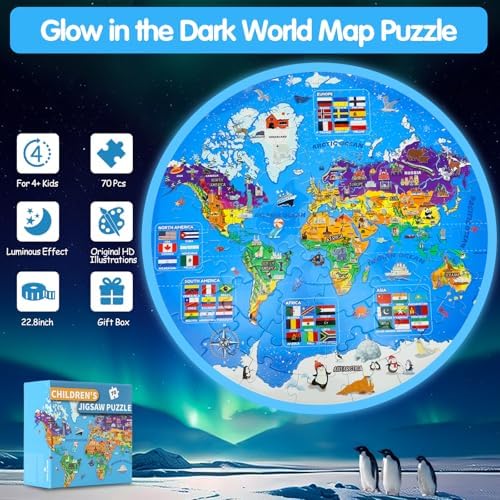 DIGOBAY 70 Pieces Glow in The Dark World Map Floor Puzzles for Kids 4-6 - Image 2