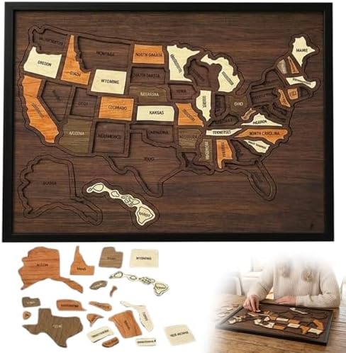 Wooden USA Travel Map Puzzle, Educational Geography Learning Tool, Interactive United States Map, Durable WoodenPuzzle Frame, Home Learning Activity, Detailed State Pieces with Capital Cities by Unknown