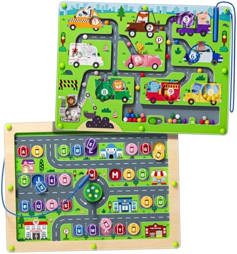Magnetic Maze 2 in 1 Double Side Color and Number Maze Alphabet Puzzle Board for 3-5 Boys and Girls Kids Montessori Educational Toys (Car, One Size) by Unknown