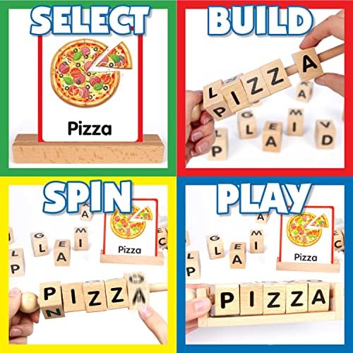 Wooden Reading Blocks - Spin, Spell & Match Words - 16 Alphabet ABC Blocks & 50 Cards with Images - Montessori Learning Reading Games Toy for Toddlers & Kids - Image 2