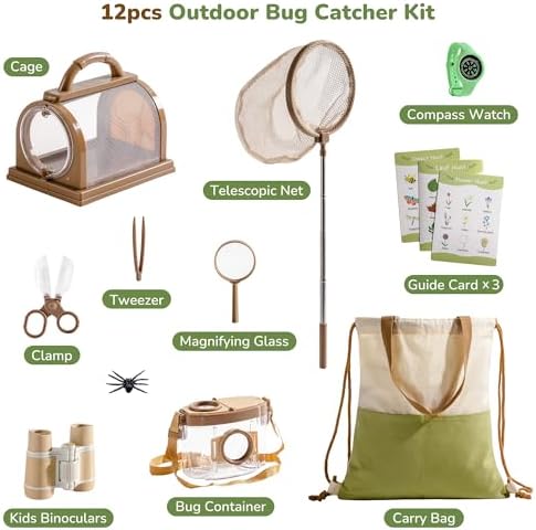 ROBOTIME Explorer Kit & Bug Catcher Kit for Kids, 12PCS Bug Catching Kit, Outdoor Bug Collection with Kids Binoculars, Butterfly Net, Insect Box, Magnifying Glass and Compass Watch for Toddlers 3-12 - Image 2