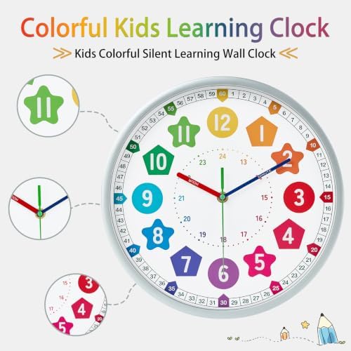 HZDHCLH Kids Wall Clock for Learning to Tell Time 10 Inch Silent Non Ticking Analog Clock with Colorful Shape Numbers Battery Operated Educational Clock for Classroom, Bedroom, Homeschool(Silver) - Image 4