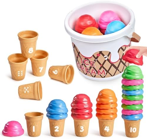JoyCat Ice Cream Preschool Learning Activities Counting and Color Sorting Set Stacking Toys for Kids 1-5, Educational Fine Motor Skills Toys, 30PCS Math Manipulatives by JOYCAT
