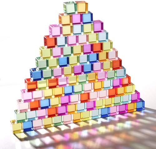 Dinhon 100 Pcs Acrylic Blocks for Toddler - 10 Colors Rainbow Gem Blocks, 2.5x2.5cm Crystal Cubes Stacking Rainbow Toy for Kids 1-5 Years Old, Light Table Blocks Bulk Birthday Gift by Dinhon