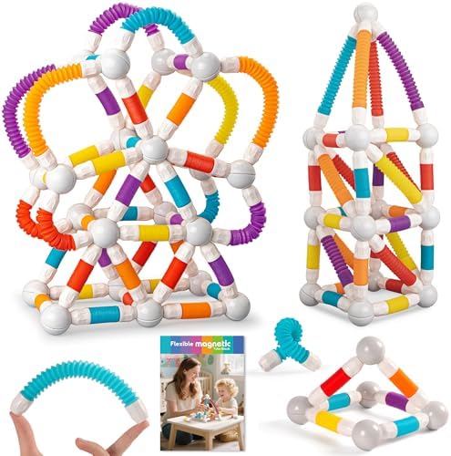 ROUSKY Magnetic Building Blocks Construction Set, 66 Pieces, Educational STEM Toy with Flexible Tubes and Connectors (66PCS) by ROUSKY