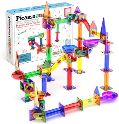 PicassoTiles 50 Piece Magnetic Marble Run Toy STEM Educational Building Set by PicassoTiles