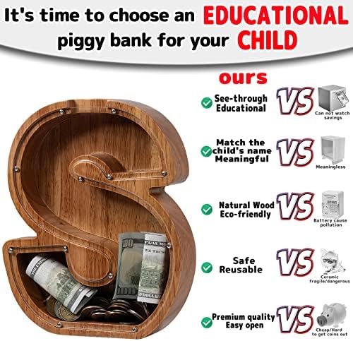 Personalized 12" Extra Large Wooden Letter Piggy Bank for Kids Boys Girls, (Laser Engraved Name) Custom Initial Letter Shape Piggy Bank, Alphabet Coin Bank Grandchildren Birthday - Image 4