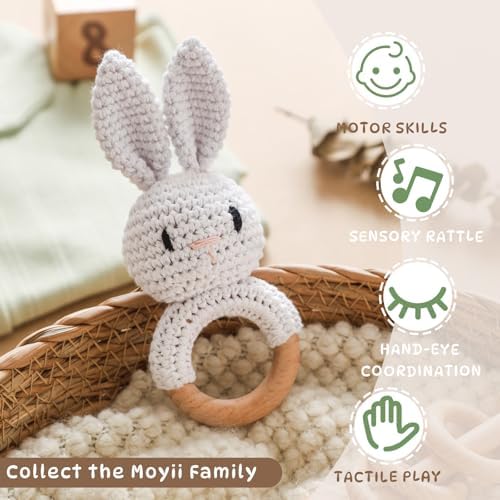 Moyii Natural Wooden Baby Rattle - Organic Crochet Bunny Teether Ring - Montessori Sensory Grasping Toy for Infants 0-12 Months, BPA-Free Handmade Newborn Shower Gift - Image 6