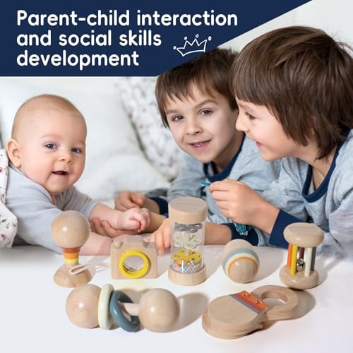 Wooden Baby Rattle Set, 7-in-1 Montessori Toys for Infants 0-6 Months, Moonkie Natural Wooden Baby Toys with Sensory Musical Instruments & Storage Bag - Image 6