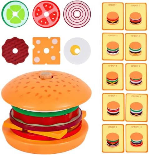 Wooden Burger Stacking Toys for Kids, Play Fake Food Toy, Montessori Toys for 3+ Year Old, Preschool Educational Toys to Develop Fine Motor Skills (Burger) by MIKNEKE