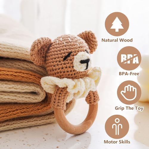 Wooden Baby Rattle，Crochet Bear Rattle with Wood Ring, Newborn Wooden Animal Rattle Toy，Infant Bear Wood Rattle Toys - Image 2