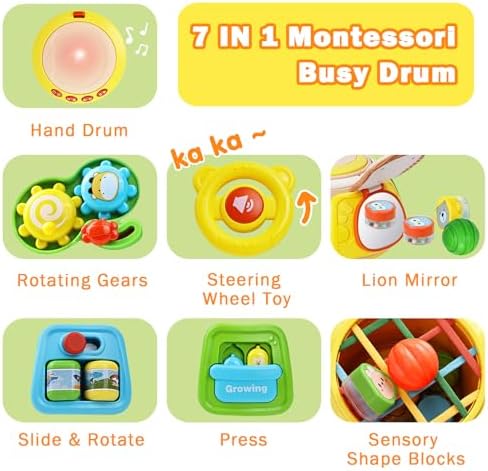 7-in-1 Activity Cube Drum Montessori Toys for Baby 18+ Months, Busy Toys for Toddlers with 9 Sensory Shape Blocks, Music & Light Educational Toys Christmas Birthday Gifts for Kids Boys Girls - Image 2
