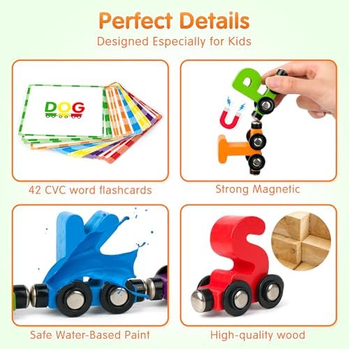 Vanmor 27 PCS Magnetic Wooden Alphabet Train Sets | ABC Letter Learning Toy Trains with 42 PCS Flash Cards, 1 Engine, 1 Storage Bag | Toddlers Kids Boys Girls Educational Toys for 3 4 5 6 7 Years Old - Image 3