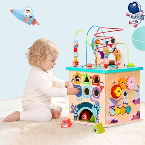 Pre-Assembled 9-in-1 Large Wooden Activity Cube Toy for Toddlers 18M+ by UDEAS