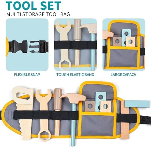 medoga Kids Tool Bench,Wooden Play Tools Set with Kids Tool Belt Workbench Pretend Construction Tools Set Wooden Toy Drill Gift for Boys & Girls Age 3-12 - Image 3