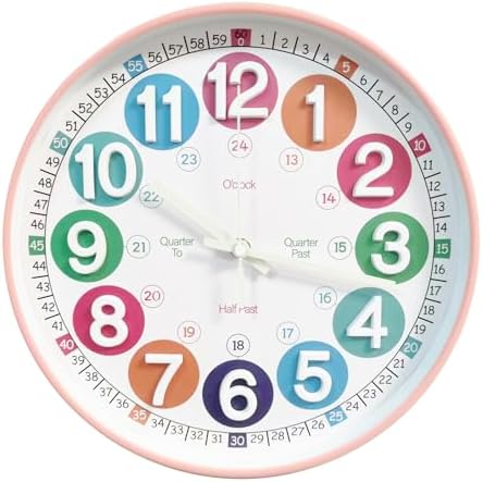 Learning Time Clock for Kids,12 Inch 3D Numbers Colorful Clock Face Silent Clocks，Bedroom,Kitchen,Classroom,Décor at School, Clear Digital Wall Clock for Kids Room(3D Peach Pink Luminous) by SYOYUEX