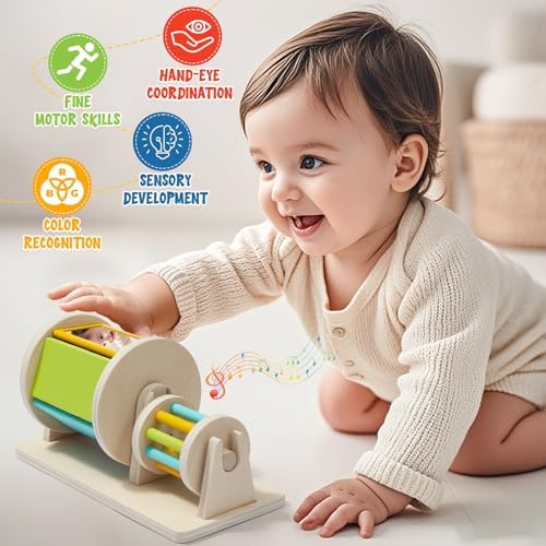 Toyssa Wooden Montessori Toys for Babies12 months with Rainbow Color and Mirror Spinning Drum/Baby Shape puzzle 12+ months/Sensory Toy Rain Rattle, Montessori Toys Gifts for Toddlers 1 Years Old - Image 4