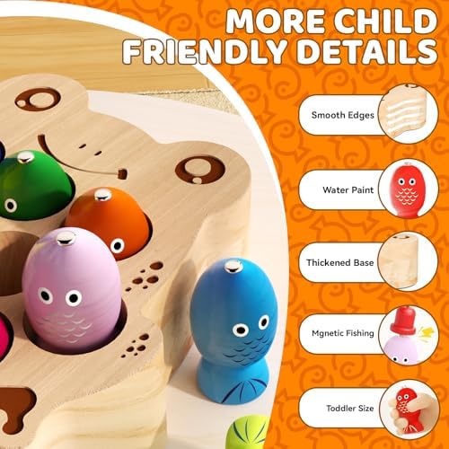Wooden Magnetic Fishing Game for Toddlers 1-3, Frog Fishing Color Sorting Montessori Sensory Preschool Educational Learning Fine Motor Skills Toys for 3 4 5 Years Old Boys Girls - Image 3