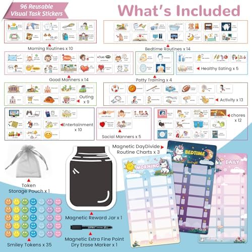 JJPRO Magnetic Bedtime/Morning/Daily Reward Routine Chart for Kids with Reward Jar-Bedtime Routine Chart,Reward Jar for Kids,Daily Checklist Reward Chart for Toddlers,Visual Schedule Board -Unicorn - Image 6
