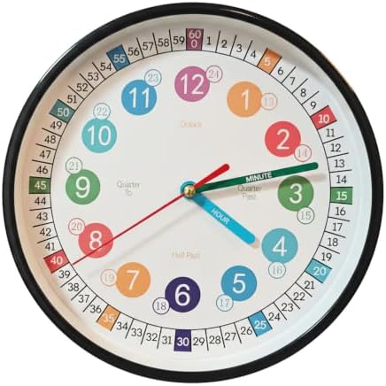 Learning Time 8 Inch Wall Clock for Kids,Non-Ticking Kids Colorful Clock,Silent Wall Clock Decorative for Kids Room ，School Classroom（Black，8 Inch） by SYOYUEX