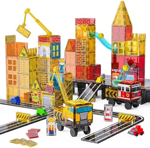 Magnetic Tiles for Kids Ages 4-8 Construction Toys with Crane Marble Run by SKTMYY
