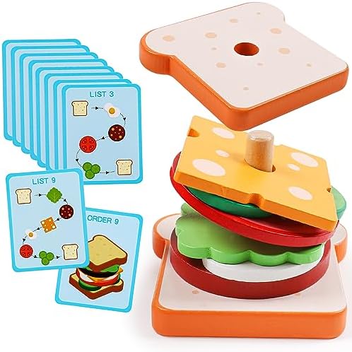 Wooden Sandwich Sorting Stacking Toys Play Food Set for Toddlers Preschool Educational Montessori Toys Fine Motor Toy for Kids Boys Girls by Kizh
