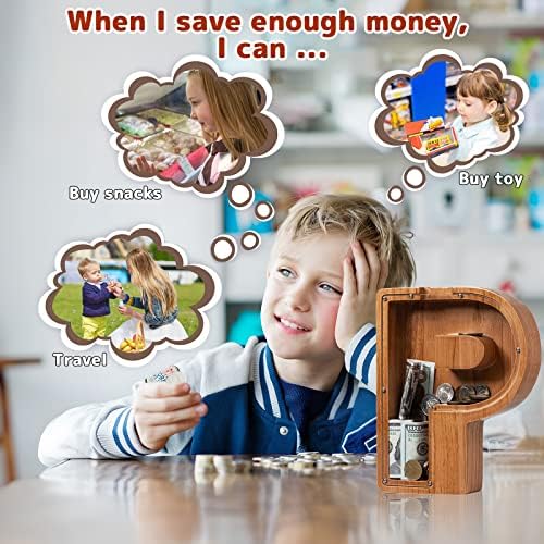 Personalized Large Wooden Kids Letter Piggy Bank - (Laser Engraved) Custom Piggy Bank for Boys Girls - Wooden Banks with Initials - Alphabet Money Box Bank Birthday Letter P Bank - Image 5