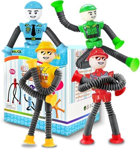 4Pcs Robot Sensory Travel Toys for Boy Toddlers Kids Year Old Ages 3 4 5 6 7 8 9, Airplane Travel Activities Suction Autistic Pop Tube Autism Fidget Toys Easter Basket Stuffer Valentine Gifts by CHESLICR