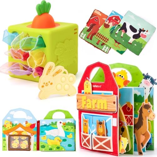 hahaland Busy Board for 1 Year Old - Farm Animals Quiet Busy Book for Toddlers 1-3 and Baby Tissue Box Toy - Silicone Baby Toys 6-12 Months, Montessori Toy for Boy Girl Gifts by hahaland