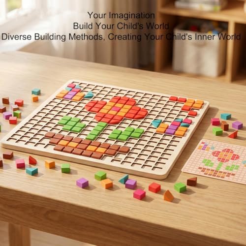 Wooden Pattern Blocks Colorful Geometric with Teaching Cards 210 Pieces - Image 5