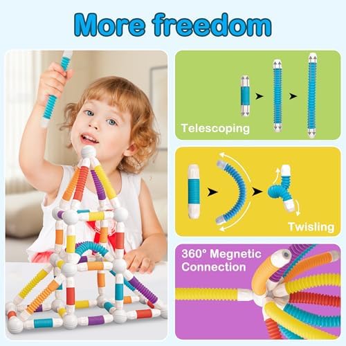 ROUSKY Magnetic Building Blocks Construction Set, 66 Pieces, Educational STEM Toy with Flexible Tubes and Connectors (66PCS) - Image 3