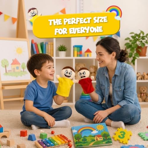 4E's Novelty Feeling Hand Puppets for Kids with 6 Emotions, with Moveable Arms, Soft Plush Hand Puppets for Toddlers, Early Education Toys, Social Emotional Learning Activities - Pack of 6 - Image 4