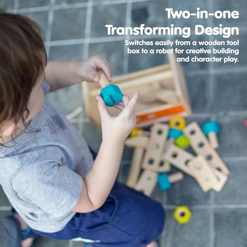 PlanToys Wooden Transforming Robot Tool Box with Wrench, Nuts & Bolts, Wooden Planks, and Shapes| Sustainably Made from Rubberwood and Non-Toxic Paints and Dyes - Image 5